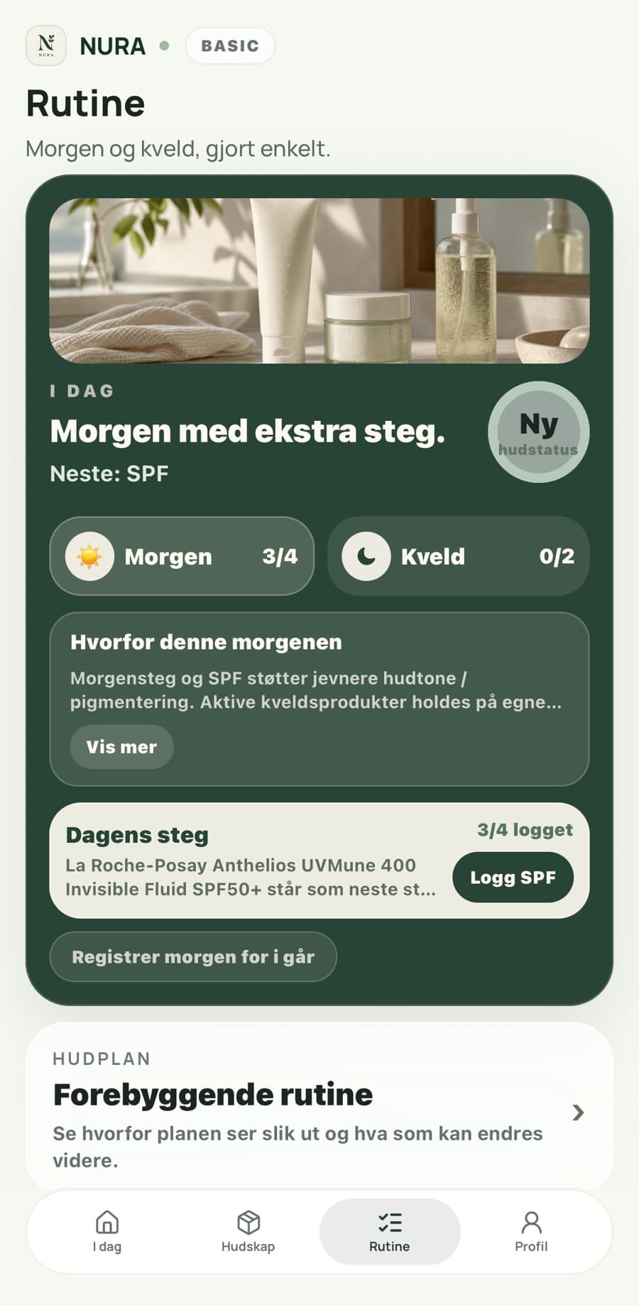 Morgen- og kveldsrutine i NURA Basic, uten statuslinje