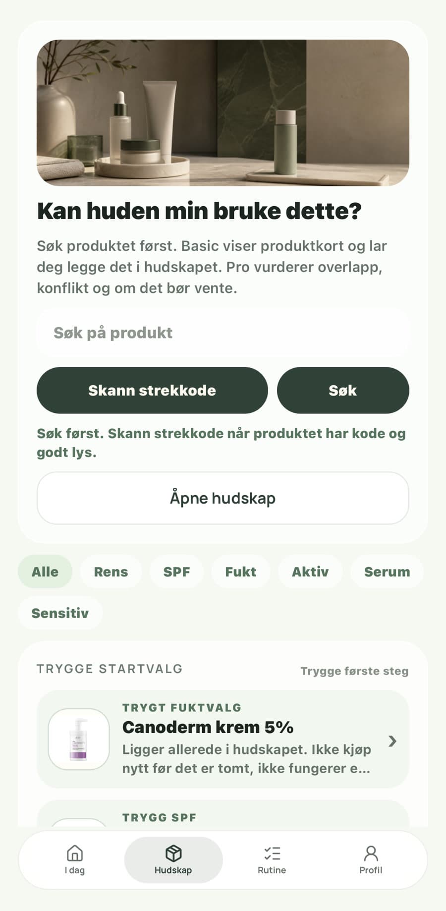 Produktsøk og Hudskap i NURA Basic, uten statuslinje